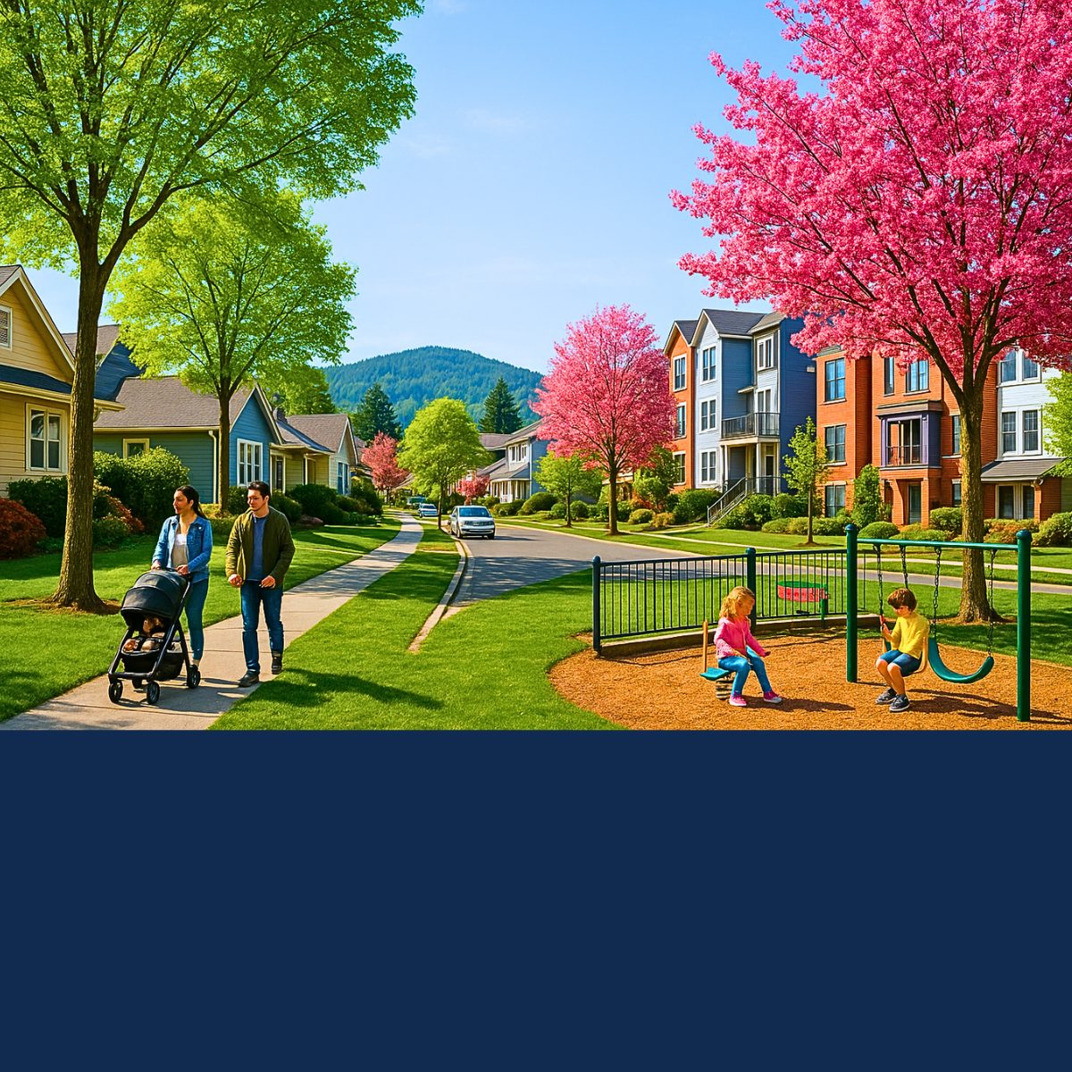 A vibrant spring day in a suburban Bellevue, Washington neighborhood, with families enjoying the outdoors, children playing, and cherry blossoms in full bloom.