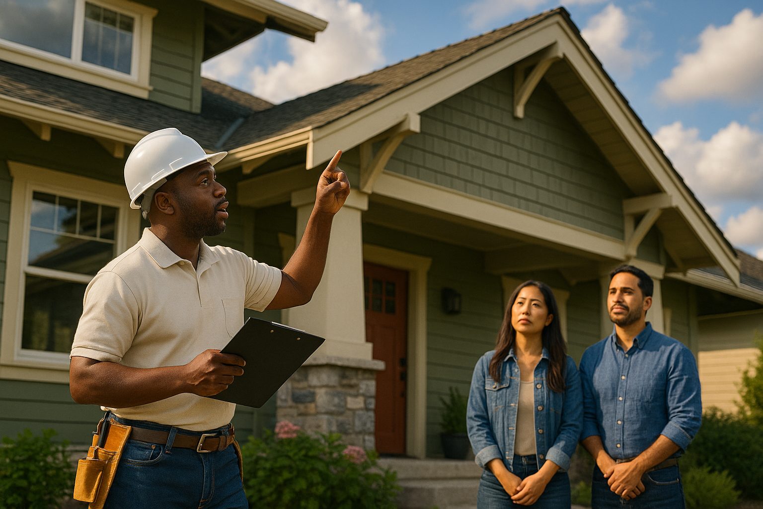 A home inspector points at the roof of a Craftsman-style house while holding a clipboard, with a diverse homebuyer couple observing from a distance.