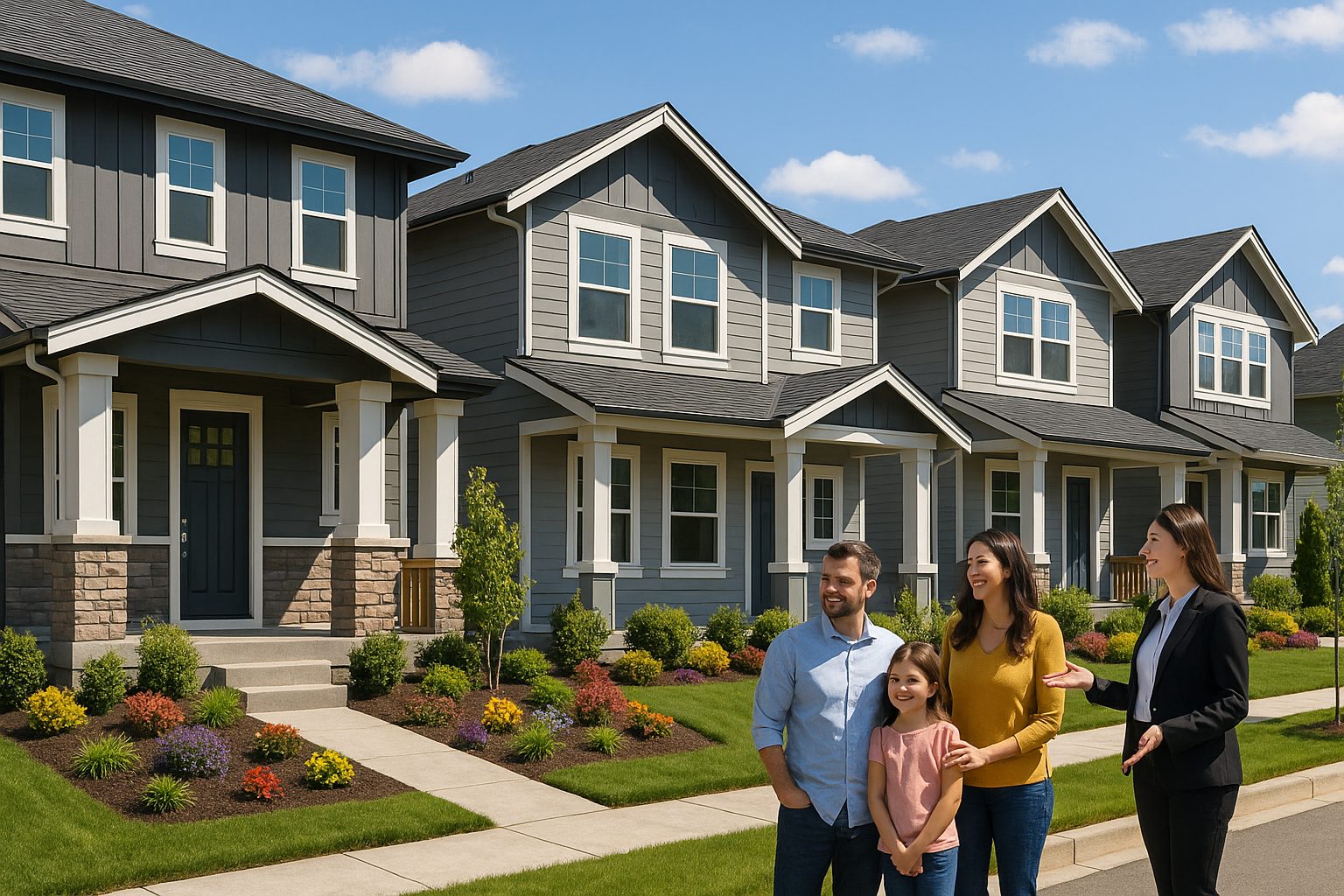 Modern Seattle suburban homes with a family and real estate agent in front