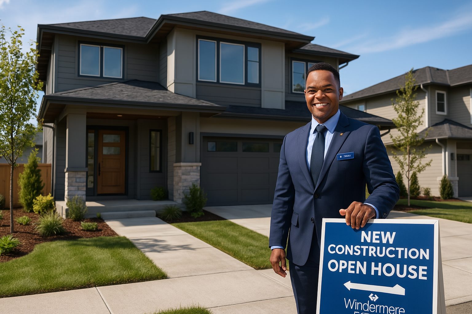 Corey Ruffin, a professional Windermere Real Estate agent, standing in front of a new construction home in Renton, Washington, during a sunny open house event. The home features modern Northwest architecture, landscaped yard, and a “New Construction Open House” sign.