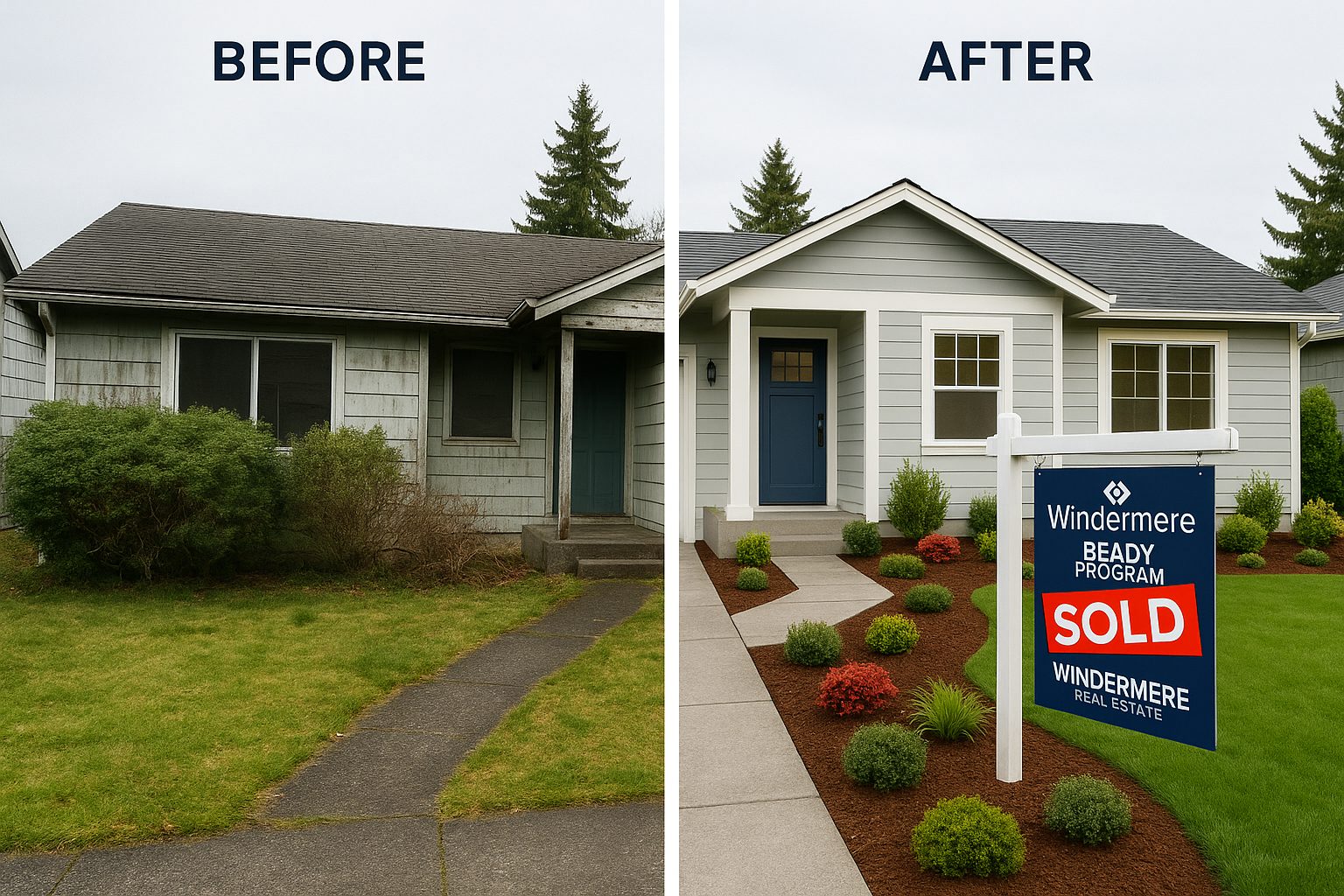 Before-and-after photo of a renovated home in Washington showing the transformation through the Windermere Ready Program.
