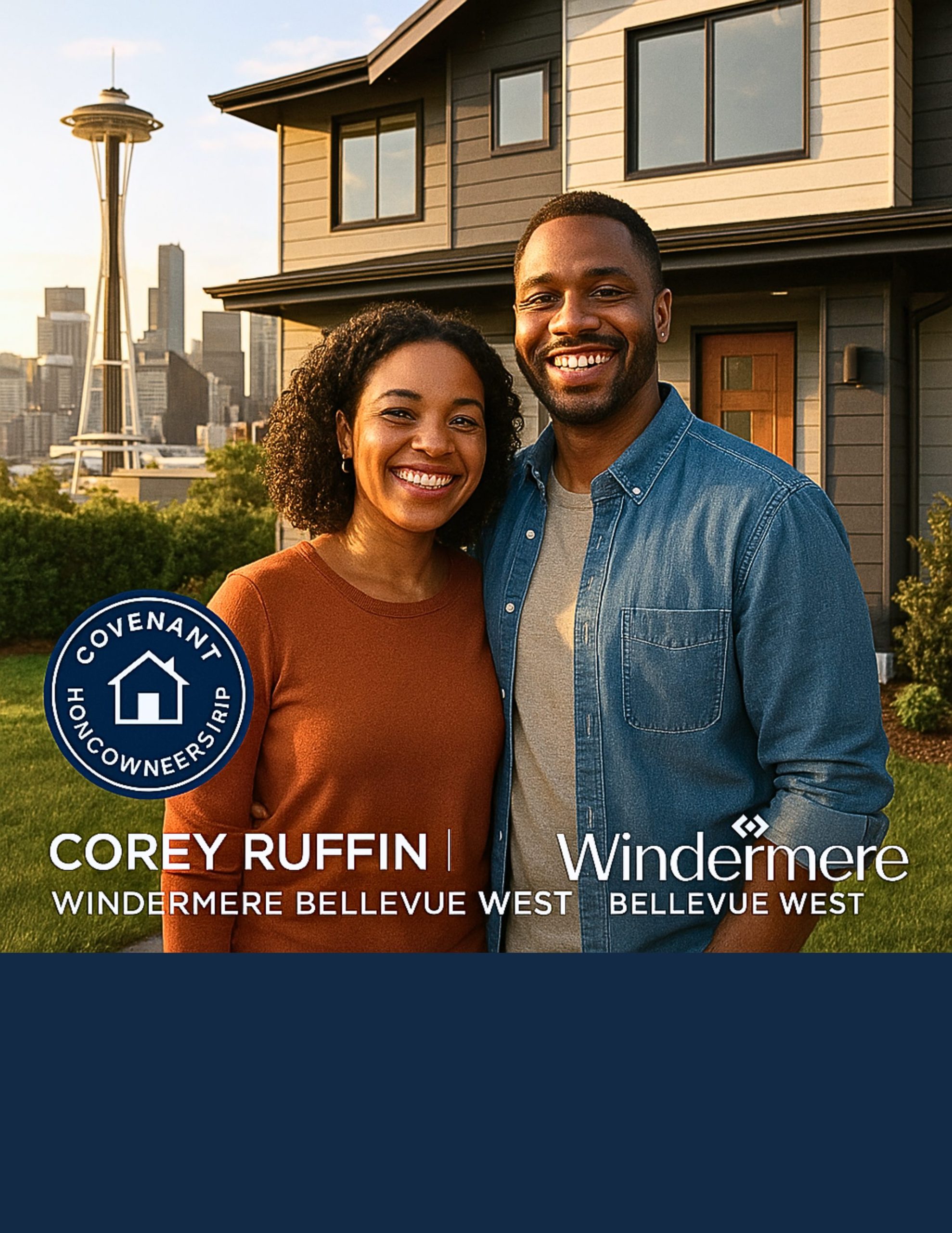 A happy Black couple stands in front of a modern Seattle home with the Space Needle in the background, symbolizing empowered homeownership through the Covenant Homeownership Program.
