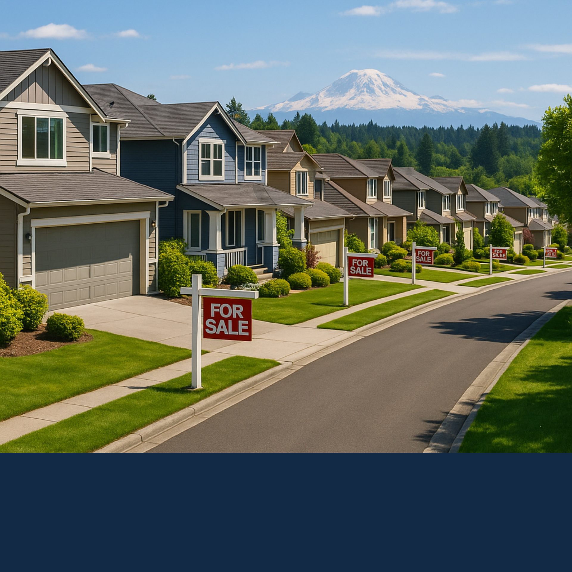 Suburban Seattle neighborhood with homes for sale under a bright summer sky and Mount Rainier in the background, reflecting June 2025 housing market trends.