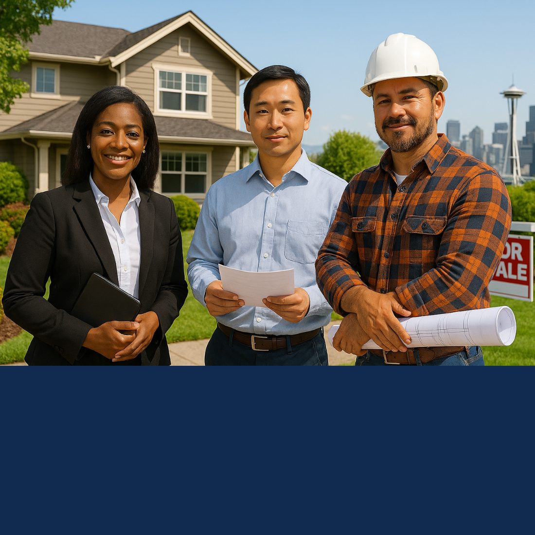 Diverse real estate team standing in front of a home for sale in Seattle, featuring a Black female Realtor, an Asian male lender, and a Hispanic male contractor holding blueprints.