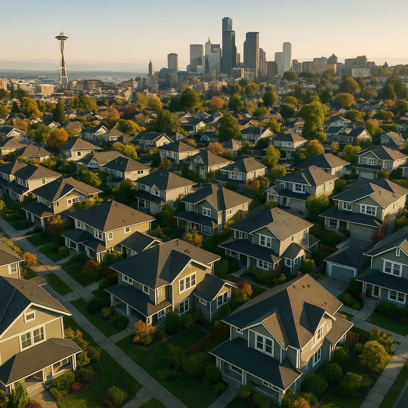 Aerial view of suburban homes in King County, Washington with downtown Seattle skyline in the background, illustrating 2025 housing market trends including rising prices and growing inventory.